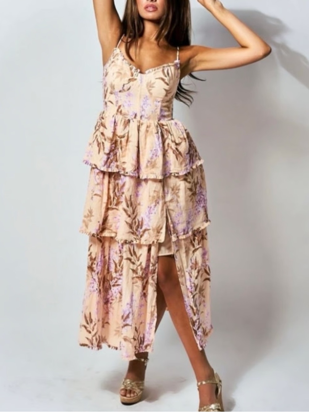 House of Harlow 1960 Tiered Linen Floral Bustier Midi Dress in Peach (Size L)